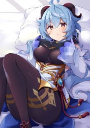 Rule 34 | 1girl, :o, ahoge, bare shoulders, bed, bell, black gloves, black legwear, blue hair, blush, breasts, chinese knot, detached sleeves, flower knot, ganyu (genshin impact), genshin impact, gloves, gold trim, hand on own chest, highres, horns, long hair, looking at viewer, lying, medium breasts, neck bell, on back, pillow, purple eyes, sasado serori, sidelocks, solo, tassel, thighlet, vision (genshin impact), white sleeves
