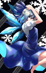 Rule 34 | 1girl, absurdres, arms up, barefoot, black background, blue dress, blue eyes, blue hair, breasts, cirno, commentary request, dress, floating clothes, hair ribbon, half updo, hands on own head, highres, light frown, looking at viewer, partial commentary, pinafore dress, puffy short sleeves, puffy sleeves, red neckwear, red ribbon, ribbon, shirt, short hair, short sleeves, sideways glance, sleeveless dress, small breasts, snowflake background, solo, striped, striped background, touhou, white shirt, wings, yagi (yagi5art)