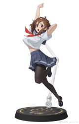 Rule 34 | :o, a wu, absurdres, ahoge, arm behind head, arm up, black footwear, black pantyhose, blue skirt, brown eyes, brown hair, copyright name, figure stand, full body, hair between eyes, highres, hirasawa yui, jumping, k-on!, leg up, looking at viewer, navel, neckerchief, open mouth, outstretched arm, pantyhose, red neckerchief, sailor collar, school uniform, serafuku, shirt, shoes, short hair, short sleeves, simple background, skirt, v-shaped eyebrows, weibo logo, weibo watermark, white background, white shirt, wind, wind lift