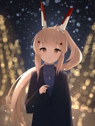 Rule 34 | 1girl, absurdres, alternate costume, ayanami (azur lane), azur lane, black coat, blurry, blush, casual, coat, commentary request, depth of field, female focus, hair between eyes, hair ornament, hairclip, headgear, highres, jewelry, long hair, long sleeves, looking at viewer, necklace, orange eyes, penguin (dx19291005), pointing, ponytail, retrofit (azur lane), sidelocks, silver hair, smile, solo, turtleneck