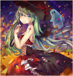 Rule 34 | 1girl, bat wings, candy, dress, food, ghost, green eyes, green hair, halloween, hatsune miku, long hair, looking at viewer, matching hair/eyes, smile, solo, tattoo, teka, twintails, umbrella, very long hair, vocaloid, wings