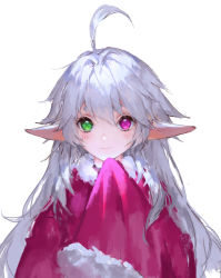 Rule 34 | 1girl, ahoge, bean sprouts (6651003), blush, closed mouth, elf, fur trim, green eyes, heterochromia, highres, long hair, original, pointy ears, purple eyes, short eyebrows, simple background, sketch, solo, upper body, white background, white hair