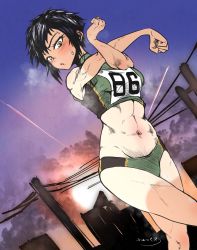 Rule 34 | 1girl, abs, black hair, breasts, brown eyes, dutch angle, fox udon, groin, highres, looking at viewer, medium breasts, navel, open mouth, original, purple sky, short hair, sketch, sky, solo, stretching, sunset, sweatdrop, tan, tanline, track uniform, utility pole