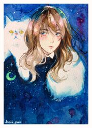 Rule 34 | 1girl, animal, animal ears, animal on shoulder, artist name, blue eyes, blue sweater, border, brown hair, cat, cat ears, cat on shoulder, cat tail, collared shirt, colored sclera, commentary, constellation print, crescent print, english commentary, expressionless, eyelashes, highres, hoshi-pan, light blush, long hair, long sleeves, looking to the side, original, painting (medium), parted lips, pink lips, shirt, slit pupils, solo, space, star (sky), starry sky print, sweater, tail, thick eyebrows, traditional media, upper body, watercolor (medium), white border, white cat, white shirt, yellow sclera