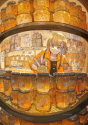 Rule 34 | 1girl, backpack, bag, black shirt, blonde hair, box, cardboard box, check commentary, closed mouth, commentary request, demizu posuka, food, grey eyes, hair ornament, highres, holding, holding jar, indoors, jacket, jar, jewelry, necklace, original, scenery, shelf, shirt, shop, shopping, short hair, solo, upper body, yellow jacket