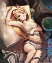 Rule 34 | 1girl, armpits, bad id, bad pixiv id, bandaid, blonde hair, blue eyes, breasts, briefs, cable, cradle-song, cradle song (dischan), face, grey male underwear, headphones, karin (cradle-song), karin (cradle song), lying, male underwear, nipples, on back, original, see-through, small breasts, softmode, solo, tank top, tools, underwear, wrench