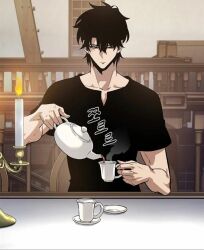 Rule 34 | 1boy, black eyes, black hair, black shirt, closed mouth, cup, han yslat, hands up, long hair, looking down, male focus, pick me up, serious, shirt, sitting, solo, tea
