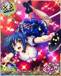 Rule 34 | 1girl, artist request, blue hair, breasts, card (medium), character name, chess piece, choker, cleavage, copyright name, fishnet thighhighs, fishnets, green hair, hair between eyes, hanging, hat, high school dxd, high school dxd born, knight (chess), large breasts, official art, open mouth, shoes, short hair, short sleeves, skirt, smile, solo, thighhighs, tongue, xenovia quarta, yellow eyes