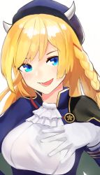 Rule 34 | 1girl, :d, absurdres, aoiro (t aoiro123), ascot, azur lane, blonde hair, blue capelet, blue eyes, blue hat, blush, braid, breasts, capelet, gloves, hand on own chest, hand up, hat, highres, horns, horns through headwear, kongou (azur lane), large breasts, long hair, long sleeves, looking at viewer, military, military uniform, open mouth, peaked cap, sidelocks, simple background, smile, solo, uniform, upper body, white ascot, white background, white gloves