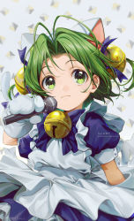 Rule 34 | 1girl, animal hands, animal hat, antenna hair, apron, bell, blue bow, blue bowtie, blue ribbon, bow, bowtie, cat hat, cat tail, commentary, dejiko, di gi charat, dress, english commentary, gloves, green eyes, green hair, hair bell, hair ornament, hair ribbon, hat, highres, holding, holding microphone, jingle bell, kaze-hime, maid apron, microphone, mittens, paw gloves, ribbon, short hair, short sleeves, smile, solo, tail, upper body, white mittens