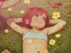 Rule 34 | 1girl, alkemanubis, armpits, arms behind head, blush, bow, brown hair, bug, butterfly, child, closed mouth, commentary, english commentary, flat chest, flower, grass, hair bow, highres, insect, lips, looking to the side, lying, navel, on back, original, pink bow, short hair, smile, solo, striped tank top, tank top, upper body