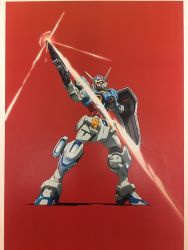 Rule 34 | commentary, full body, g-self, glowing, gun, gundam, gundam g no reconguista, highres, mecha, no humans, pointing weapon, red background, robot, se jun kim, shield, simple background, solo, weapon, yellow eyes