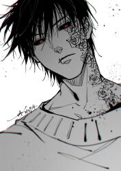 Rule 34 | black sclera, collarbone, colored sclera, facial tattoo, fushiguro touji, greyscale, highres, jujutsu kaisen, looking at viewer, male focus, monochrome, portrait, red eyes, sashiyu, scar, scar on face, scar on mouth, short hair, solo, spot color, tattoo