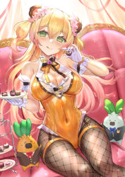 Rule 34 | 1girl, :q, animal ears, arm garter, bare shoulders, blonde hair, blush, bow, bowtie, breasts, brown pantyhose, chocolate, cleavage, closed mouth, couch, covered navel, fishnet pantyhose, fishnets, flower, food, gloves, gradient hair, green eyes, hair between eyes, hair flower, hair ornament, himonoata, holding, holding food, holding plate, hololive, large breasts, legs, leotard, long hair, looking at viewer, momosuzu nene, multicolored hair, narrow waist, neck ribbon, nekko (momosuzu nene), on couch, orange leotard, pantyhose, pink hair, plate, ribbon, sitting, smile, solo, sweat, thigh strap, tiered tray, tongue, tongue out, two side up, virtual youtuber, white gloves