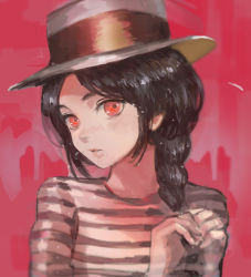 Rule 34 | 1girl, absurdres, black hair, braid, canking, fedora, gradient background, hat, highres, looking at viewer, medium hair, original, parted lips, pink background, red eyes, shirt, sidelocks, single braid, solo, striped clothes, striped shirt, upper body
