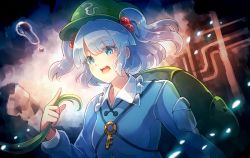 Rule 34 | 1girl, 60mai, :d, backpack, bag, blue eyes, blue hair, blue shirt, blunt bangs, breasts, cabbie hat, commentary request, eyes visible through hair, green bag, green hat, hair bobbles, hair ornament, hat, holding, kawashiro nitori, key, light blush, long sleeves, looking at viewer, open mouth, pocket, seaweed, shirt, short hair, sidelocks, small breasts, smile, solo, touhou, two side up, upper body