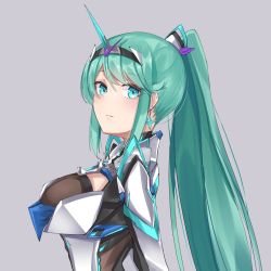 Rule 34 | 1girl, breasts, chest jewel, earrings, from side, green eyes, green hair, grey background, highres, jewelry, large breasts, long hair, looking at viewer, pneuma (xenoblade), ponytail, sarasadou dan, simple background, solo, spoilers, swept bangs, tiara, xenoblade chronicles (series), xenoblade chronicles 2