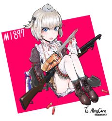 Rule 34 | 1girl, bad id, bad pixiv id, belt, blonde hair, blood, blood on clothes, blood on face, blue eyes, character name, combat knife, empty eyes, girls&#039; frontline, gloves, gun, highres, knife, looking at viewer, m1897 (girls&#039; frontline), pump action, shield module, short hair, shotgun, shotgun shell, shovel, simple background, solo, thighhighs, weapon, winchester model 1897
