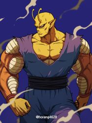 Rule 34 | 1boy, absurdres, antennae, artist name, biceps, black sash, blue background, clenched hands, closed mouth, collarbone, colored skin, commentary request, cowboy shot, dougi, dragon ball, dragon ball super, dragon ball super super hero, frown, highres, horang4628, korean commentary, looking away, looking to the side, male focus, muscular, muscular male, namekian, orange piccolo, orange skin, pectorals, piccolo, pointy ears, red eyes, sash, scratches, simple background, smoke, solo, standing, twitter username, v-shaped eyebrows, veins