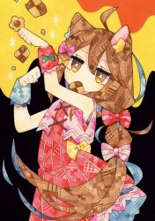 Rule 34 | 1girl, absurdres, ahoge, animal ear fluff, animal ears, bare shoulders, black background, bow, brown eyes, brown hair, cat ears, cat girl, checkerboard cookie, commentary request, cookie, cowboy shot, dress, food, food in mouth, hair between eyes, hair bow, hands up, highres, jitome, long hair, looking at viewer, lupin strawberry, mouth hold, multicolored background, no nose, orange background, original, painting (medium), paper texture, patterned clothing, patterned hair, pink bow, ponytail, red bow, red dress, sleeveless, sleeveless dress, solo, sparkle, standing, traditional media, very long hair, watercolor (medium), wrist cuffs, yellow background, yellow bow