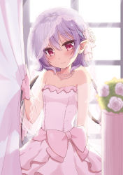 Rule 34 | 1girl, bare shoulders, bat wings, bead necklace, beads, beni kurage, blurry, blurry background, blush, bow, breasts, bridal veil, cleavage, commentary request, cowboy shot, curtains, dress, ear piercing, flower, gloves, hair between eyes, hair flower, hair ornament, hair ribbon, hand up, head tilt, highres, indoors, jewelry, juliet sleeves, light purple hair, long sleeves, looking at viewer, necklace, no headwear, off-shoulder dress, off shoulder, piercing, pink bow, pink eyes, pink gloves, pointy ears, puffy sleeves, remilia scarlet, ribbon, rose, see-through, see-through sleeves, short hair, small breasts, smile, solo, standing, strapless, strapless dress, touhou, veil, wedding dress, white flower, white ribbon, white rose, wide sleeves, window, wings
