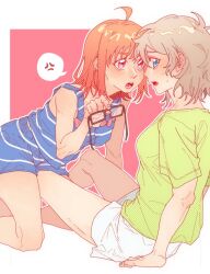 Rule 34 | 2girls, ahoge, anger vein, bare arms, blue eyes, blue shorts, blue tank top, commentary, green shirt, grey hair, jiguang haibao, love live!, love live! sunshine!!, medium hair, multiple girls, nervous sweating, open mouth, orange hair, pink background, red eyes, shirt, short hair, short sleeves, shorts, sitting, spoken anger vein, straddling, sweat, takami chika, tank top, two-tone background, watanabe you, white background, white shorts, yuri
