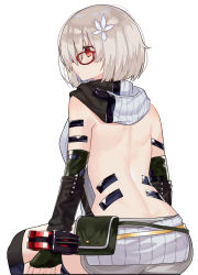 Rule 34 | 1girl, arms at sides, ass, back, backless outfit, bare back, bare shoulders, black thighhighs, blush, character request, closed mouth, commentary request, elbow gloves, fingerless gloves, flower, from behind, glasses, gloves, god eater, god eater 3, green gloves, grey sweater, hair flower, hair ornament, hood, hood down, hooded sweater, looking away, looking to the side, meme attire, pouch, profile, red-framed eyewear, ryuuno6, short hair, silver hair, simple background, sitting, solo, sweater, thighhighs, virgin killer sweater, white background, white flower