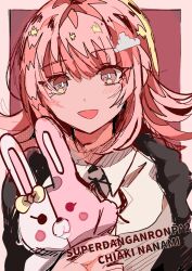 Rule 34 | 1girl, :d, alternate hair ornament, black jacket, blush, bow, breasts, character name, collared shirt, commentary request, copyright name, danganronpa (series), danganronpa 2: goodbye despair, ear bow, flipped hair, grey background, hair ornament, highres, jacket, large breasts, looking at viewer, mashiro (gjer4484), monomi (danganronpa), nanami chiaki, open clothes, open jacket, open mouth, original, pink eyes, pink hair, shirt, sketch, smile, upper body, white shirt