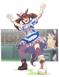 Rule 34 | 1girl, absurdres, animal ears, apron, arms up, asymmetrical footwear, blurry, blurry background, blush, boots, breasts, brown footwear, brown hair, buttons, commentary, double-breasted, hat, highres, hishi akebono (umamusume), horse ears, horse girl, horse tail, jacket, leaning back, looking up, medium breasts, medium hair, mini hat, mismatched footwear, nishiki kazue, open mouth, outstretched arms, petticoat, red eyes, skirt, solo, standing, sweat, tail, twintails, umamusume, waist apron, white footwear, wrist cuffs