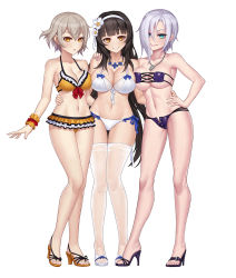 Rule 34 | 3girls, :o, bead bracelet, beads, bikini, black hair, blue eyes, blunt bangs, bow, bracelet, breast press, breasts, cleavage, closed mouth, dog tags, drawstring, feet, flower, frilled bikini, frills, full body, girls&#039; frontline, grey hair, hair between eyes, hair flower, hair ornament, hair over one eye, hairband, hand on another&#039;s hip, hand on another&#039;s shoulder, hayate (leaf98k), high heels, highres, jewelry, large breasts, legs, long hair, looking at viewer, medium breasts, mg5 (girls&#039; frontline), multiple girls, navel, necklace, official alternate costume, open bikini, open clothes, orange bikini, parted lips, purple bikini, red bow, sandals, short hair, side-tie bikini bottom, simple background, smile, standing, stomach, strapless, strapless bikini, swimsuit, thighhighs, toes, type 95 (girls&#039; frontline), type 95 (summer cicada) (girls&#039; frontline), vector (girls&#039; frontline), very long hair, white background, white bikini, white flower, white hairband, white legwear, wristband, yellow eyes