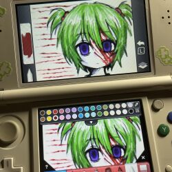 Rule 34 | 1girl, blood, cuts, disappointed, drawing, empty eyes, expressionless, green hair, hair ornament, highres, human experiment (wwinterdotcom), injury, original, portrait, purple eyes, solo, staring
