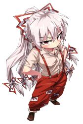 Rule 34 | 1girl, baggy pants, bow, collared shirt, foreshortening, from above, fujiwara no mokou, full body, grey hair, hair bow, long hair, looking at viewer, ofuda, ofuda on clothes, pants, red eyes, red pants, shimizu pem, shirt, simple background, sleeves rolled up, solo, split ponytail, suspenders, touhou, very long hair, white background, white shirt