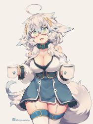 Rule 34 | 1girl, ahoge, animal ears, bare shoulders, breasts, cleavage, collar, collarbone, commentary request, cup, detached sleeves, green collar, grey background, highres, holding, holding cup, kuromiya, large breasts, long hair, looking at viewer, original, red-framed eyewear, shiromiya asuka, simple background, solo, tail, thighhighs, twitter username, white hair, white sleeves, white thighhighs
