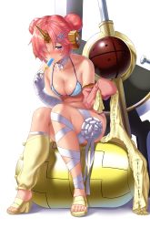 Rule 34 | 1girl, absurdres, bandages, bikini, blue bikini, blue eyes, blush, breasts, cleavage, collarbone, detached sleeves, double bun, fate/grand order, fate (series), food, food in mouth, frankenstein&#039;s monster (fate), frankenstein&#039;s monster (swimsuit saber) (fate), frankenstein&#039;s monster (swimsuit saber) (second ascension) (fate), hair bun, hair ornament, hair over one eye, highres, hitotsuki nebura, holding, horns, looking at viewer, medium breasts, pink hair, popsicle, sandals, short hair, simple background, single detached sleeve, single horn, sitting, solo, swimsuit, white background