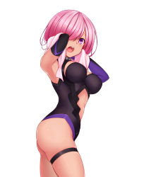 Rule 34 | 1girl, armpits, ass, asymmetrical sleeves, black leotard, black sleeves, breasts, breasts apart, character cutout, detached sleeves, fate/grand order, fate (series), from side, hair over one eye, highres, holding, holding towel, leotard, mash kyrielight, medium breasts, open mouth, pink hair, pink towel, purple eyes, purple sleeves, shiny skin, short hair, sideboob, simple background, thigh strap, tohoho (hoshinoyami), towel, twisted torso, uneven sleeves, white background