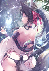 Rule 34 | 07touka25, 1girl, absurdres, animal ears, ass, back, bare shoulders, black hair, bow, breasts, choker, fox, fox ears, fox girl, fox tail, hair bow, highres, long hair, looking at viewer, looking back, medium breasts, original, panties, ponytail, red bow, solo, tail, underwear, yellow eyes