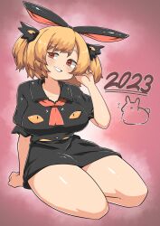 Rule 34 | 1girl, 2023, :x, absurdres, alternate costume, alternate hairstyle, black shirt, black skirt, blonde hair, blush, breasts, brown eyes, chinese zodiac, collared shirt, commentary request, extra eyes, full body, grin, hand in own hair, highres, kurodani yamame, large breasts, looking at viewer, medium hair, neckerchief, pink background, rabbit, red neckerchief, rinyamame, shiny skin, shirt, short sleeves, sitting, skirt, smile, solo, touhou, two side up, year of the rabbit, yokozuwari