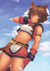 Rule 34 | 1girl, abs, bare shoulders, bitter glasse (umamusume), blue sky, blush, bow, breasts, cloud, collarbone, commentary request, cowboy shot, dark-skinned female, dark skin, day, ear bow, hair between eyes, highres, horse girl, layered clothes, looking at viewer, midriff, navel, parted lips, partial commentary, ranma (kamenrideroz), short shorts, shorts, sidelocks, sky, solo, sports bra, standing, umamusume