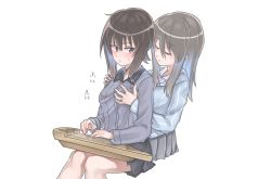 Rule 34 | 10s, 2girls, bad id, bad twitter id, black skirt, blue shirt, blush, brown eyes, brown hair, closed mouth, commentary, dress shirt, frown, girls und panzer, grabbing, grabbing another&#039;s breast, grey shirt, grey skirt, holding, holding instrument, hug, hug from behind, instrument, invisible chair, keizoku school uniform, kuromorimine school uniform, long hair, long sleeves, looking at another, looking back, mika (girls und panzer), miniskirt, multiple girls, music, nishizumi maho, no headwear, playing instrument, pleated skirt, roivas, school uniform, shirt, short hair, simple background, sitting, sitting on lap, sitting on person, skirt, smile, striped clothes, striped shirt, sweatdrop, vertical-striped clothes, vertical-striped shirt, white background, white shirt, yuri