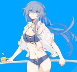 Rule 34 | 1girl, an dong, bikini, bikini under clothes, blue background, blue bikini, blue choker, blue eyes, breasts, choker, cleavage, closed mouth, collarbone, collared shirt, commentary request, dress shirt, flower, fu hua, grey hair, hair between eyes, highres, holding, holding flower, honkai (series), honkai impact 3rd, long hair, looking at viewer, navel, open clothes, open shirt, shirt, simple background, small breasts, smile, solo, swimsuit, very long hair, white shirt, yellow flower