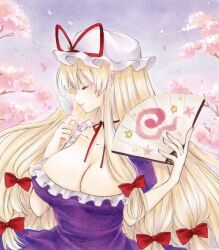 Rule 34 | 1girl, blonde hair, bow, breasts, bug, butterfly, butterfly on hand, cherry blossoms, choker, cleavage, closed eyes, commentary, dress, folding fan, hair bow, hand fan, hat, hat ribbon, holding, holding fan, insect, large breasts, light smile, long hair, marker (medium), mob cap, purple dress, red bow, red ribbon, ribbon, ribbon choker, short sleeves, solo, touhou, traditional media, very long hair, yakumo yukari, yuuki hana (jtnp5334)
