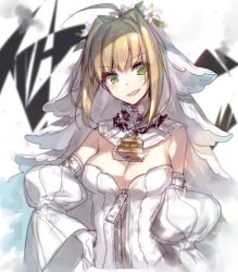 Rule 34 | 10s, 1girl, ahoge, blonde hair, blush, breasts, chain, chocoan, cleavage, detached sleeves, eyebrows, fate/extra, fate/extra ccc, fate/grand order, fate (series), gloves, green eyes, hair intakes, lock, looking at viewer, medium breasts, nero claudius (bride) (fate), nero claudius (bride) (second ascension) (fate), nero claudius (fate), nero claudius (fate) (all), puffy detached sleeves, puffy sleeves, smirk, solo, upper body, veil, zipper
