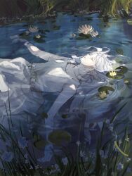 Rule 34 | 1girl, absurdres, dress, drop earrings, earrings, elf, facing up, flower, frieren, highres, jewelry, lily (flower), lily pad, long hair, nenem (kimnenemmm art), outdoors, outstretched arms, parted lips, partially submerged, pointy ears, ripples, sleeveless, sleeveless dress, solo, sousou no frieren, sunlight, water, wetland, white dress, white flower, white hair