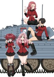 Rule 34 | 4girls, angry, black eyes, black footwear, black hair, black skirt, black wrist cuffs, bob cut, boots, breasts, closed eyes, collared shirt, cranberry (girls und panzer), cup, girls und panzer, hair over one eye, half-closed eyes, head tilt, highres, holding, holding cup, holding plate, inverted bob, jacket, leg up, long hair, long sleeves, looking at viewer, looking to the side, medium breasts, military vehicle, motor vehicle, multiple girls, nao (nao puku777), on vehicle, peach (girls und panzer), pink hair, plate, pointy hair, red hair, red jacket, red shirt, rosehip (girls und panzer), shirt, short hair, simple background, skirt, smile, st. gloriana&#039;s military uniform, standing, tank, teacup, tongue, tongue out, vanilla (girls und panzer), white background, wrist cuffs