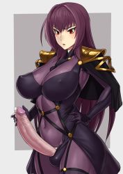 Rule 34 | 1futa, armor, bodysuit, breasts, commentary, covered erect nipples, cowboy shot, cum, erection, fate/grand order, fate (series), futanari, gold trim, large breasts, large penis, long hair, looking at penis, mikoyan, open mouth, penis, purple bodysuit, purple hair, red eyes, scathach (fate), shoulder armor, simple background, skin tight, solo, standing, sweatdrop, uncensored