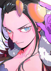 Rule 34 | 1girl, artist name, black hair, blue eyes, closed mouth, commentary, english commentary, gloves, highres, holding, holding removed eyewear, long hair, looking at viewer, mygiorni, nico robin, one piece, orange-tinted eyewear, purple gloves, solo, sunglasses, tinted eyewear, unworn eyewear