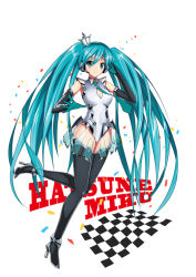 Rule 34 | 1girl, aqua eyes, aqua hair, breasts, character name, cleavage, cleavage cutout, clothing cutout, elbow gloves, full body, gloves, hatsune miku, headset, high heels, leotard, long hair, medium breasts, miku fan (335288848), necktie, race queen, racing miku, racing miku (2013), solo, thighhighs, twintails, very long hair, vocaloid, white background