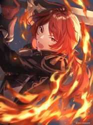 Rule 34 | 1boy, absurdres, diluc (genshin impact), fire, genshin impact, hair between eyes, highres, long hair, male focus, mirin., open mouth, ponytail, pyrokinesis, red eyes, red hair, solo, sword, weapon