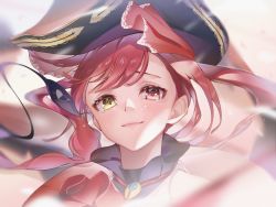 Rule 34 | 1girl, bad id, bad pixiv id, blurry, blurry background, brooch, commentary request, crying, crying with eyes open, cute mdr, embroidery, eyepatch, hair ornament, hair ribbon, hat, heterochromia, highres, hololive, houshou marine, jewelry, looking at viewer, pirate hat, portrait, red eyes, red hair, red neckwear, red ribbon, ribbon, solo, tears, twintails, virtual youtuber, yellow eyes