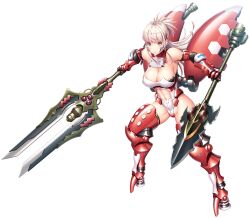 Rule 34 | 1girl, bare shoulders, breasts, cleavage, clothing cutout, dual wielding, full body, highres, holding, holding polearm, holding weapon, impossible clothes, large breasts, long hair, navel, nobushito, polearm, sanada saki, simple background, solo, spear, taimanin (series), taimanin rpgx, taimanin suit, weapon, white hair, yellow eyes